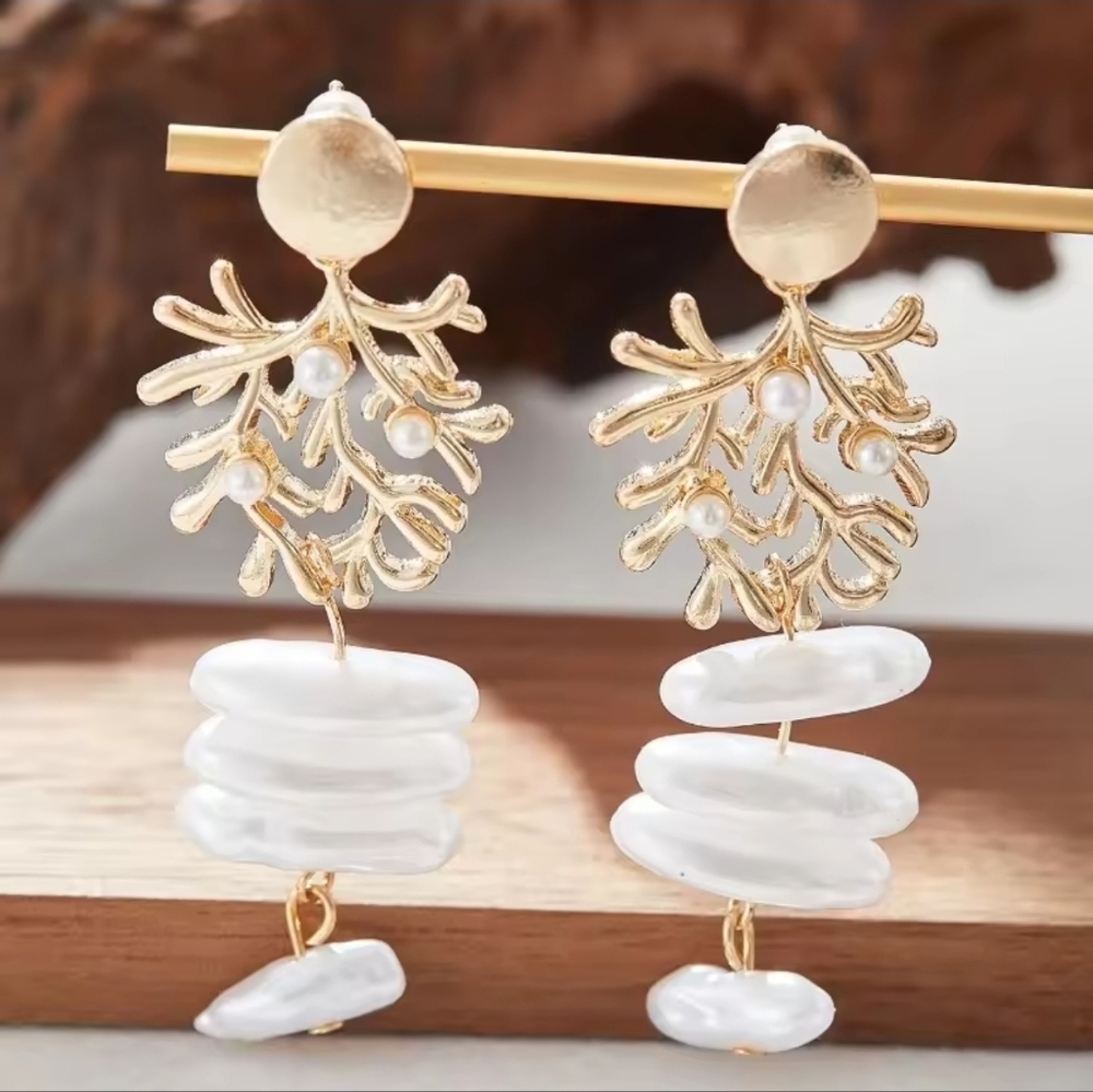 Gold and Pearl Statement Earrings - Picture 2 of 6